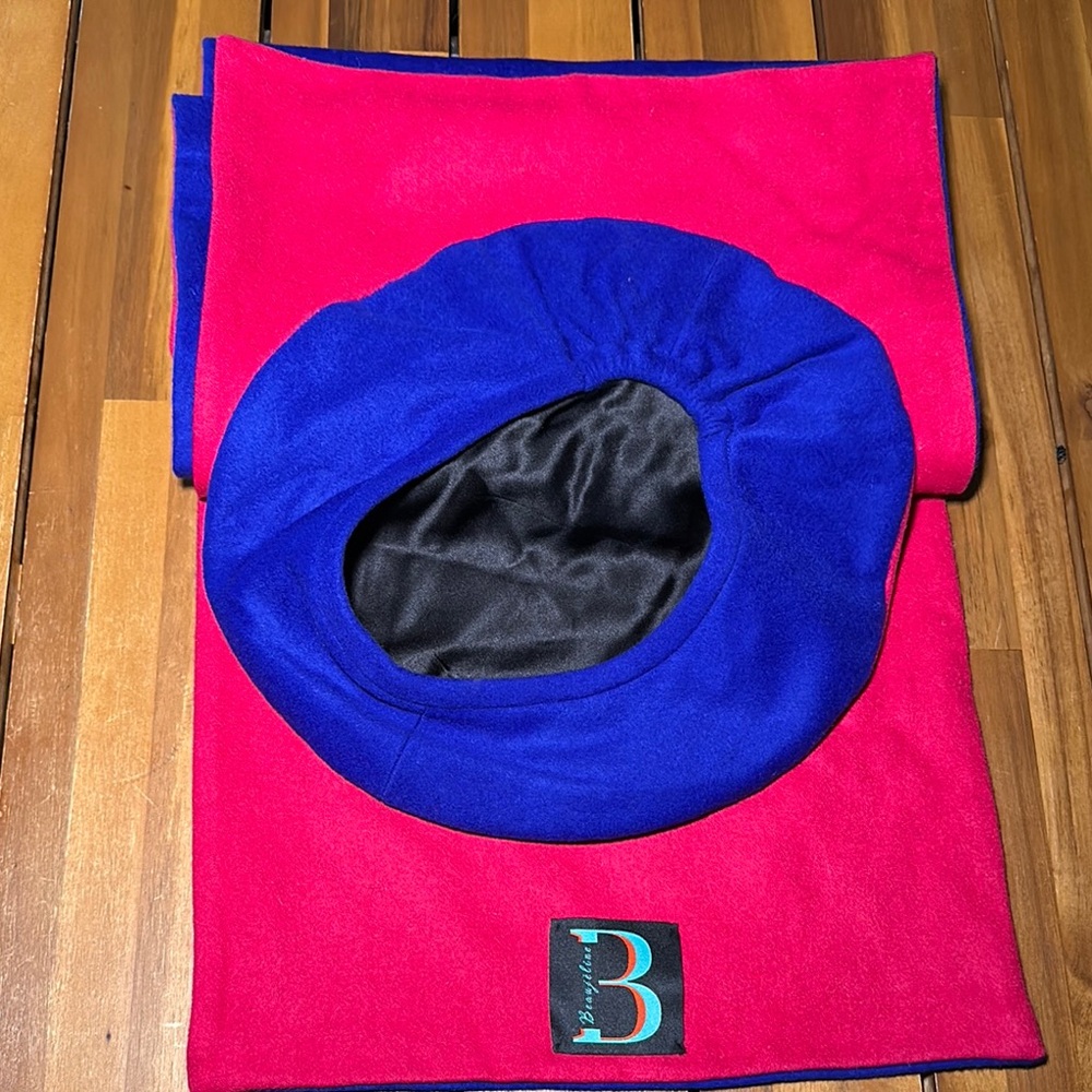 Matching Bright Blue and fuchsia two tone wool blend beret hat and scarf set